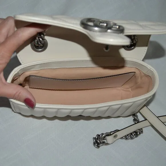 New Gucci GG Ivory Marmont Chevron Matelasse Silver Chain Shoulder Bag - Picture 10 of 13